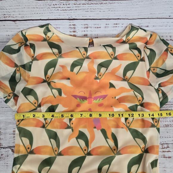 Farm Rio Mesh Midi Dress S Yellow Green Orange Sun Print Pockets Ruch Slits Line - Picture 12 of 16